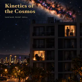 Album cover for Kinetics of the Cosmos: an apartment block at night under the Milky Way, with only two windows lit, on different floors.