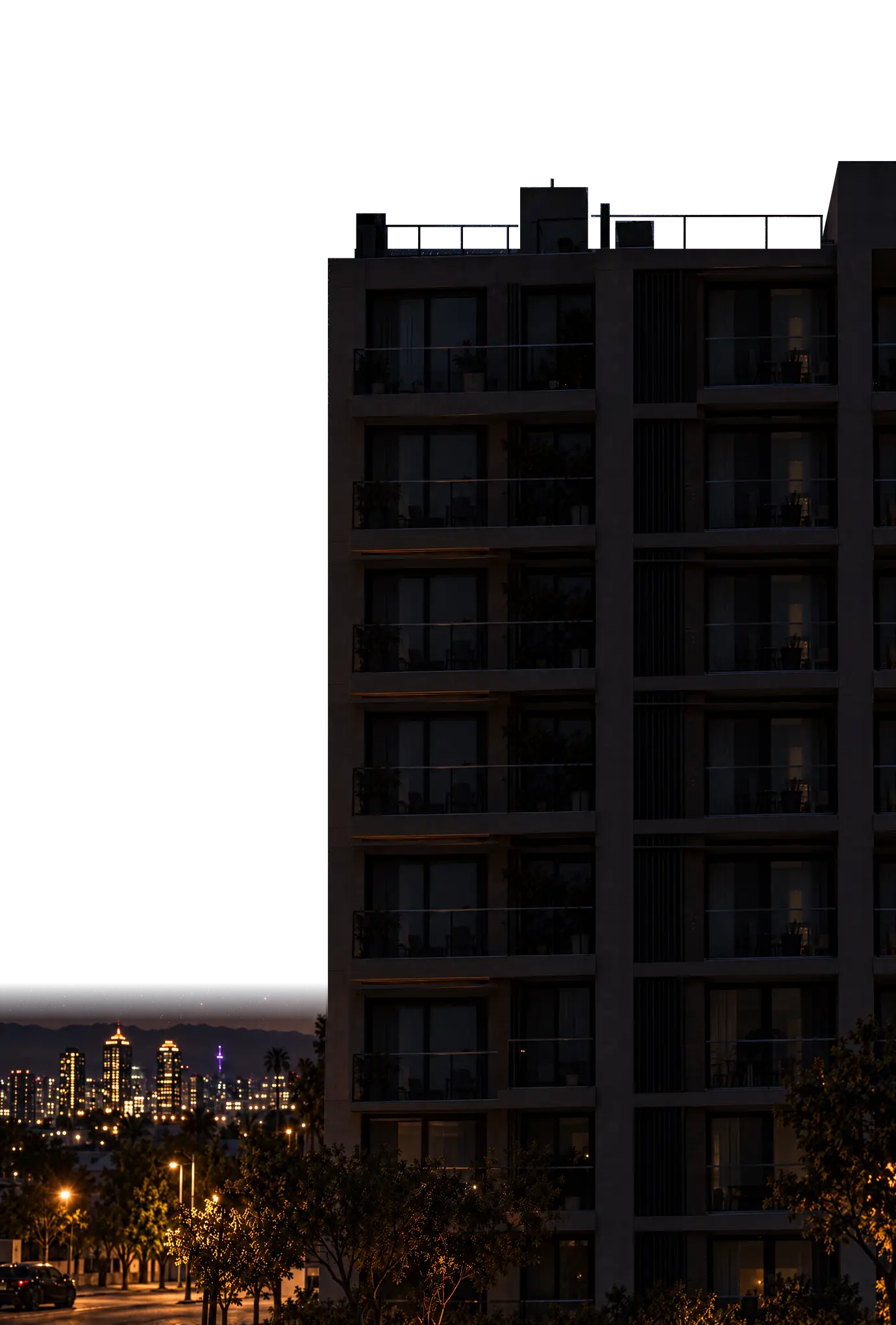 Our building at night, from the cover of Kinetics of the Cosmos: two windows lit, on different floors.