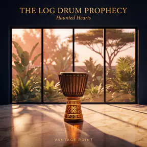 Cover of The Log Drum Prophecy: Haunted Hearts: a carved drum on a marble floor in front of a window onto a sunlit garden.